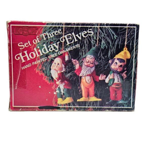💥231 Emson Vintage Set of 3 Christmas Elf Dwarf Christmas Tree Ornaments - Picture 3 of 6